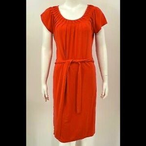 TALBOTS Dress Sz Petite MP Gathered neckline Stretch tie waist Coral Red Casual